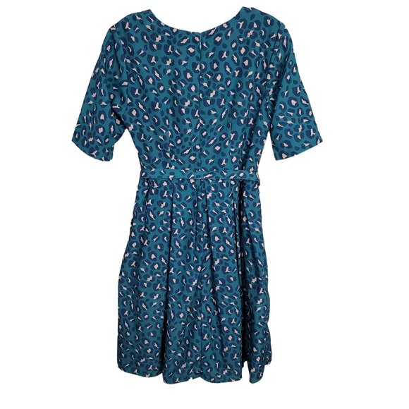 eShakti Size M 8 Dress Crepe Fit Flare Leopard Print Matching Belt Scoop Teal - Picture 3 of 13
